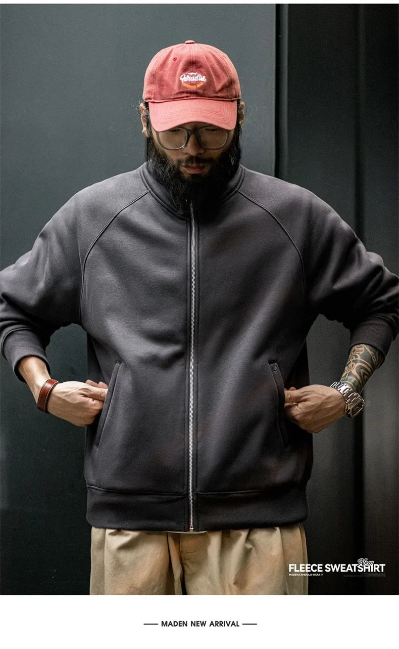 Casual Polar Fleece Cardigan Sweatshirt Stand-up Collar Sports Zipper Jacket Warm Versatile Coat for Men's Fall and Winter