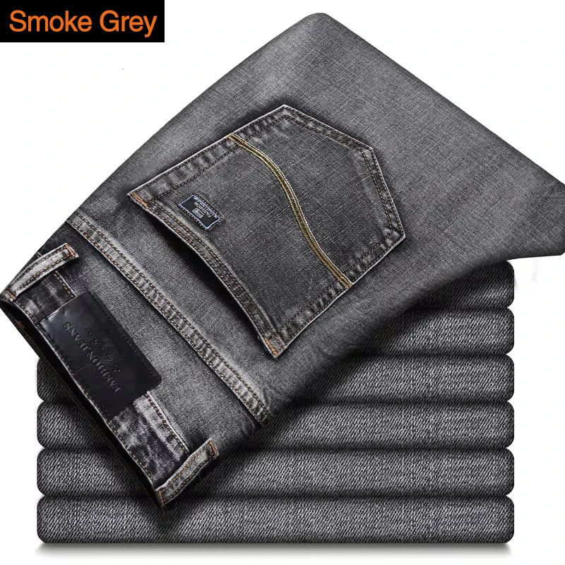 2025 New Men's Stretch Regular Fit Jeans Business Casual Classic Style Fashion Denim Trousers Male Black Blue Gray Pants