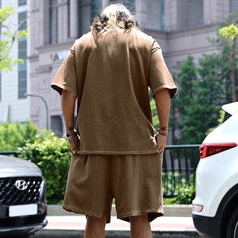 2024 Summer New Men's Set Japanese Style Plus Size Casual Loose Sports Suit Short Sleeve T-shirt Shorts Two-piece Men's Clothing