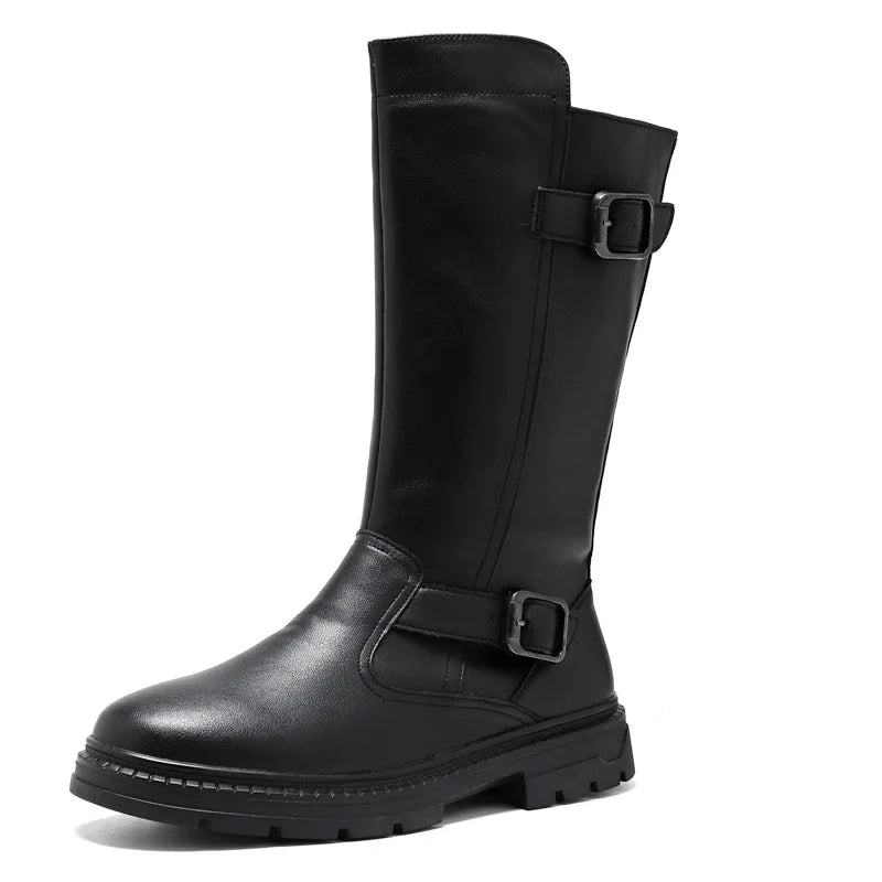 Size 38-46 Men's Fashionable High-Top Leather Boots Genuine Cowhide Shoes Side Zipper Thick-Sole Cowboy Boots for Everyday Wear