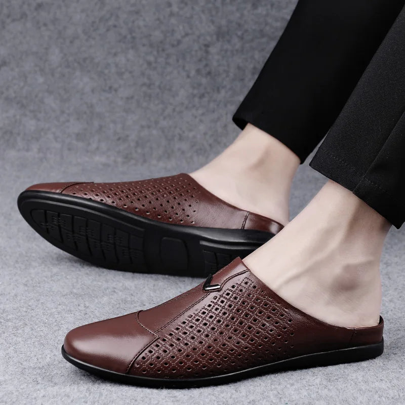 Summer Men Shoes Casual Brand Mens Penny Loafers Genuine Leather Luxury Half Slipper For Men Breathable Lazy Driving Shoes Man