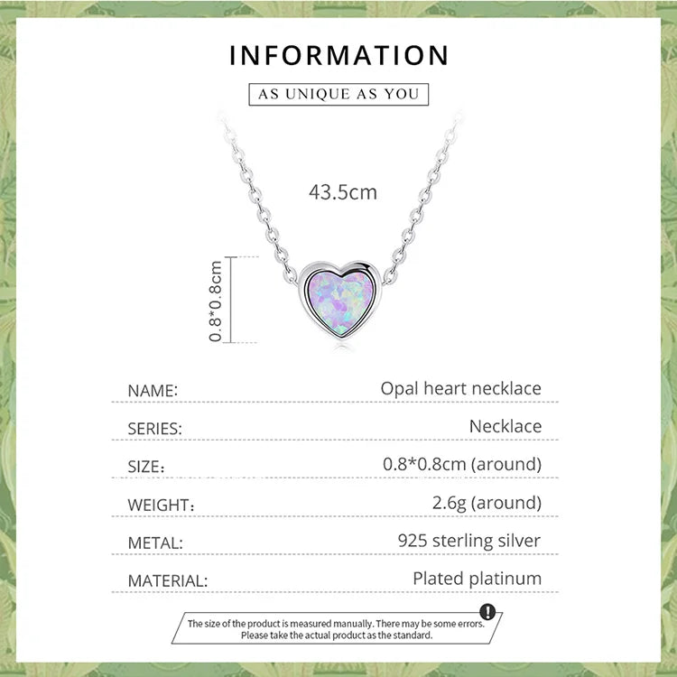 Genuine 925 Sterling Silver Opal Heart Pendant Necklace for Women Fine Jewelry Anniversary Gift