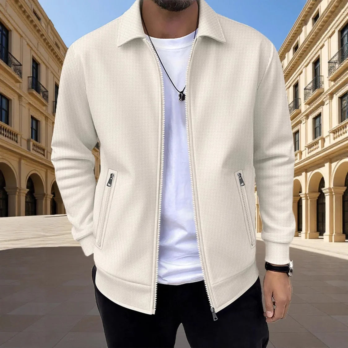Men's Slim-fit Cardigan Solid-color Lapel Waffle Texture Zipper Pocket Casual Spring/Autumn 2025 Fashion