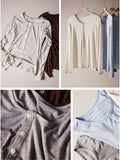 Lyocell Wool Basic Shirt Women Autumn O Neck Button Loose Cozy Acetate Solid Top Basics Casual Striped Long Sleeve Top