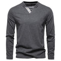 100% Cotton T-shirt Men Casual Solid Color Long Sleeve Sweater Autumn Fashion High Quality Henley Collar Mens T-shirts