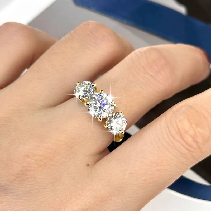 14k Gold Filled Three Stone Ring 8mm&6.5mm D Color Round Moissanite Certified Engagement Wedding Jewelry for Women Rings