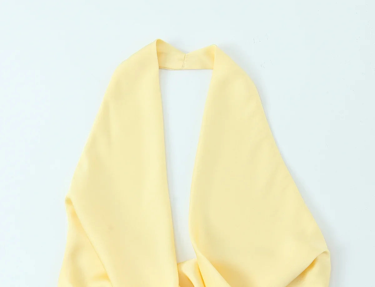 Chic Sexy 2026 Women Mini Dress Fashion Summer Asymmetric Neck-mounted Mini Dress Lace Yellow Sleeveless Female Vestidos