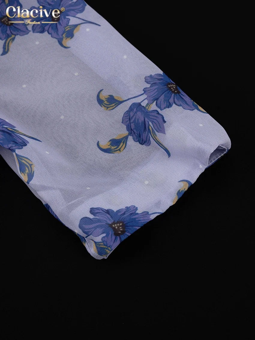 Clacive Fashion Loose Print Women Dress 2025 Sexy Deep V-Neck Short Sleeve Mini Dresses Elegant Classic High Waist Female Dress