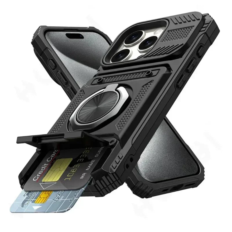 جراب حماية بتصميم محفظة لهاتف آيفون 16 15 14 13 11 برو ماكس XS XR 8 7 بلس، حماية شديدة التحمل ضد السقوط مع حلقة مغناطيسية دوارة ومسند