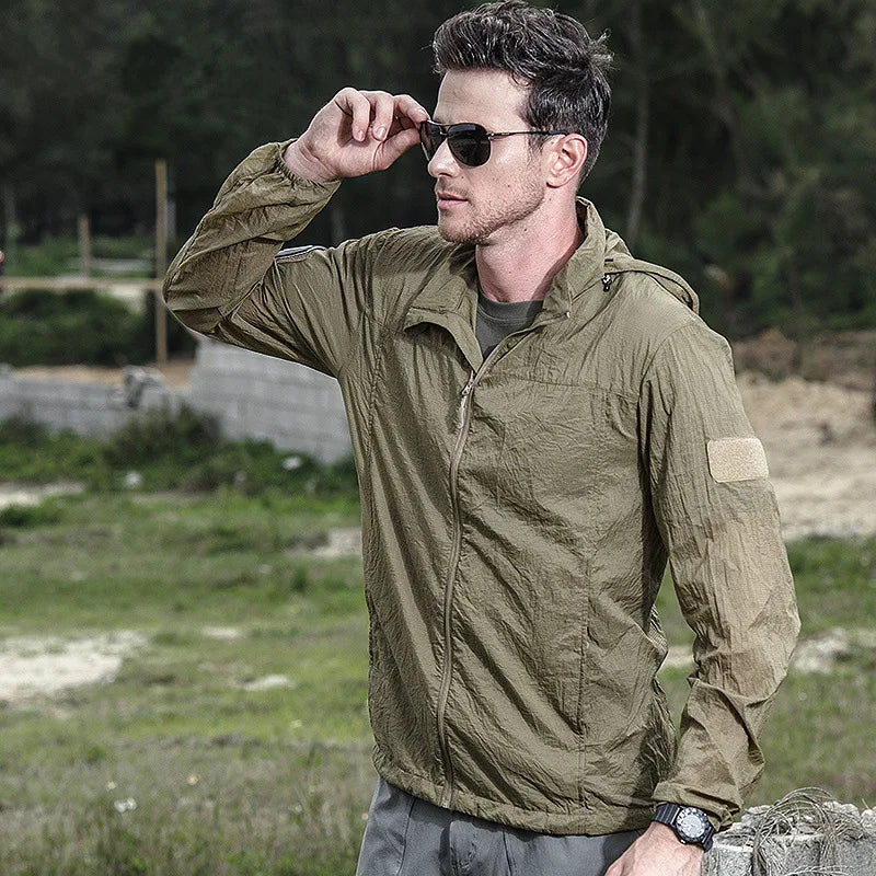 Summer Lightweight Tactical Jacket Men's Windbreaker Thin Skin Hooded Raincoat Quick Dry Breathable Waterproof Jacket
