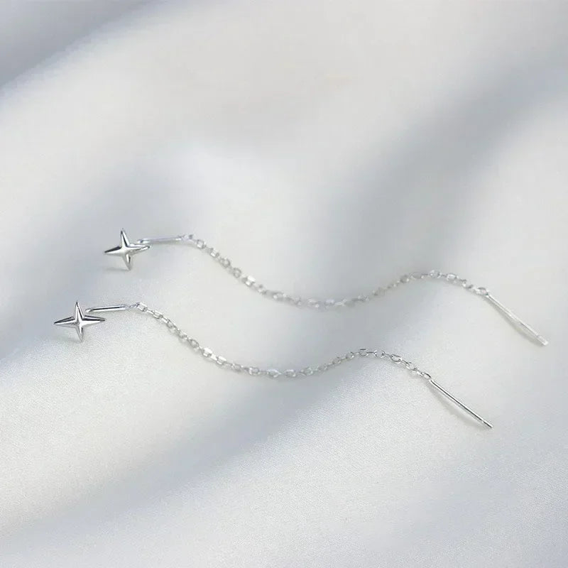 Retro Classic Long Tassel Ear Line Drop Dangle Earring for Women Charm Silver Color Stainless Steel Chain Hanging Earing Jewelry