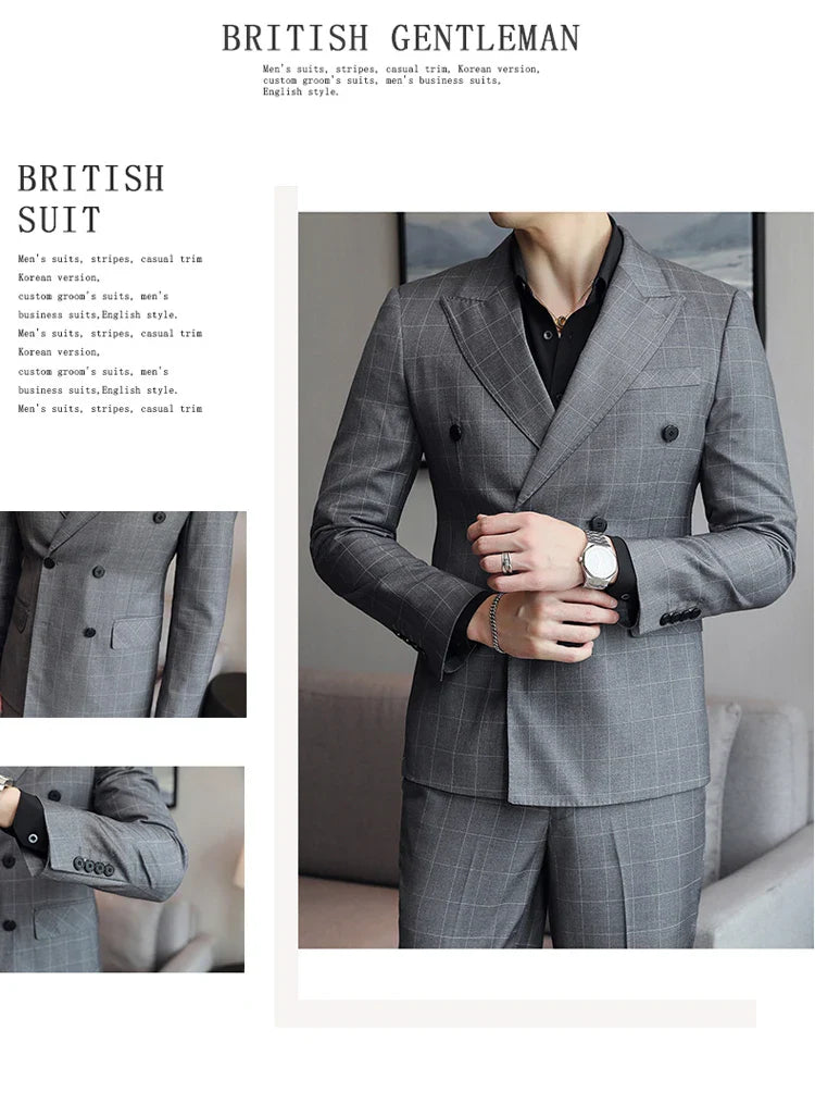 S-5XL ( Blazer + Pants ) Men's High-end Brand Formal Double Breasted Suit Gray 2 Piece Set Wedding Dress Plaid Suit Groom Party