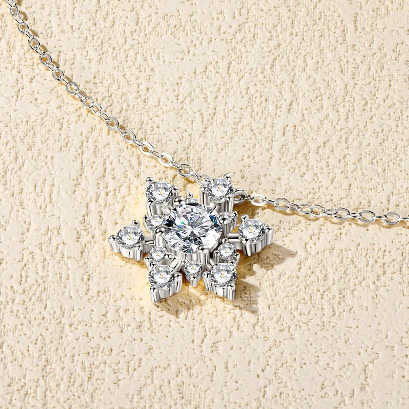 Round Cut Moissanite Snowflake Pendant Necklaces for Women Solid 925 Sterling Silver Chains Wedding Jewelry Gift Collar