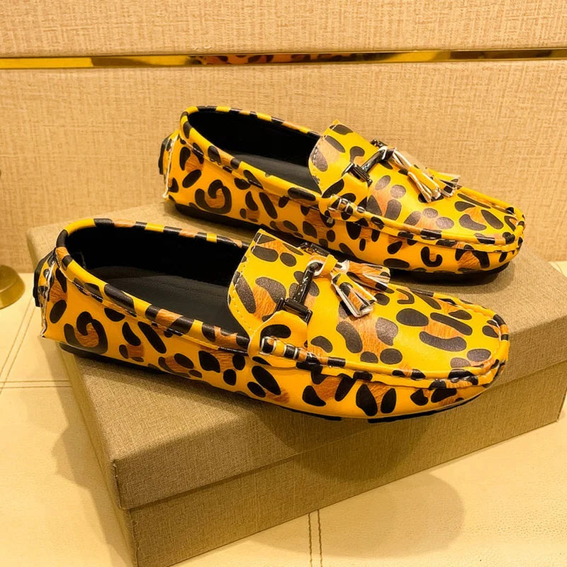 Fashion Red Leopard Leather Casual Shoes Man Designer Tassels Loafers Men Comfortable Slip-on Men's Driving Shoes Large Size 48