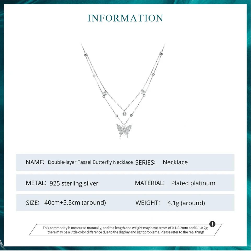 925 Sterling Silver Double-layer Tassel Butterfly Pendant Necklace for Women Engagement Gift Fine Jewelry BSN308