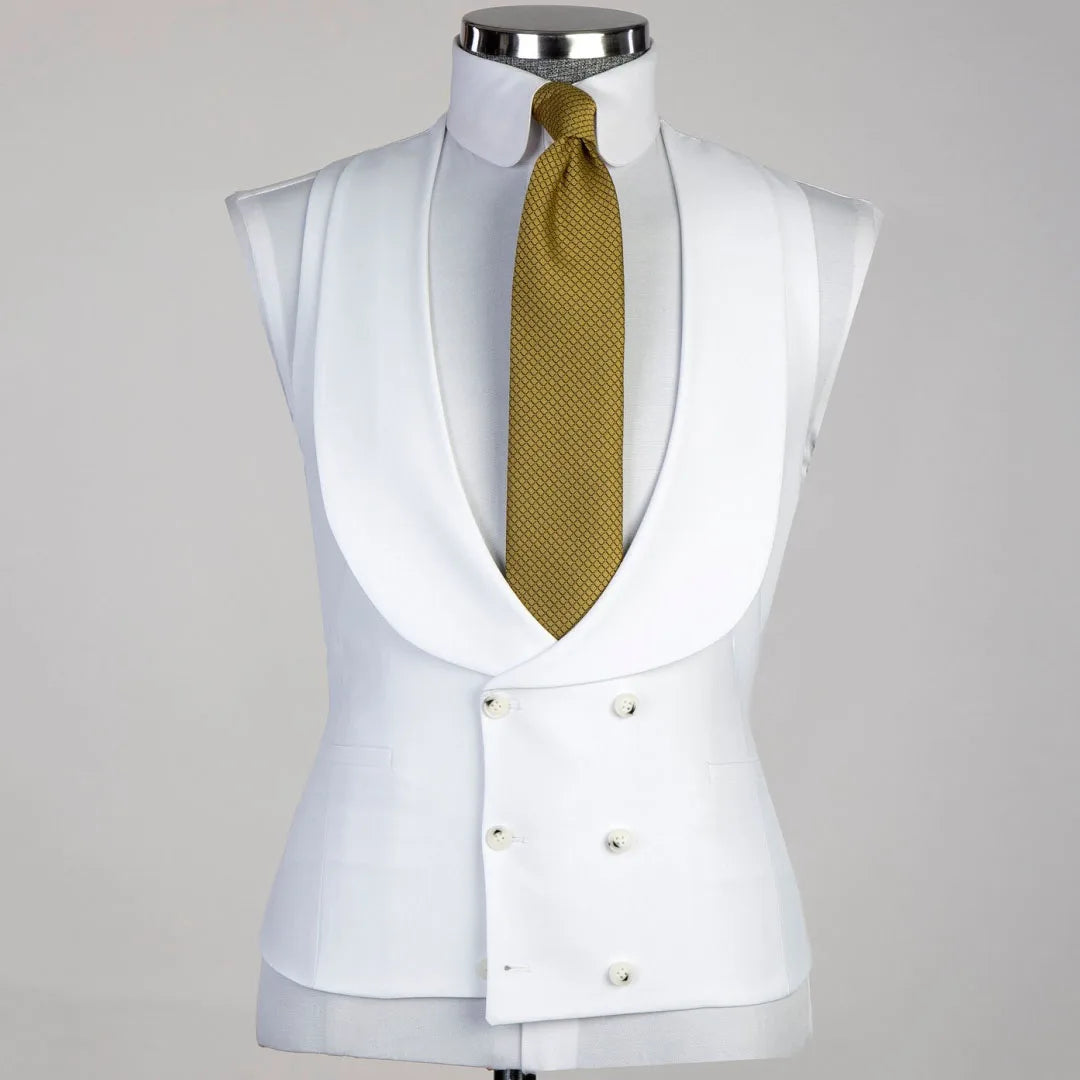Men Suit 3 Pieses White Solid With Lapel And Pocket For Wedding Birthday Business Party Office Work Jacket Vest With Pants