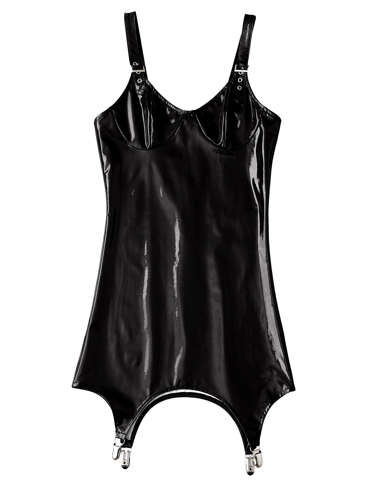 Womens Shiny Metallic PVC Leather V-Neck Mini Dress Chemise Wet Look Night Club Bodycon Babydoll Clubwear with Garter Belt