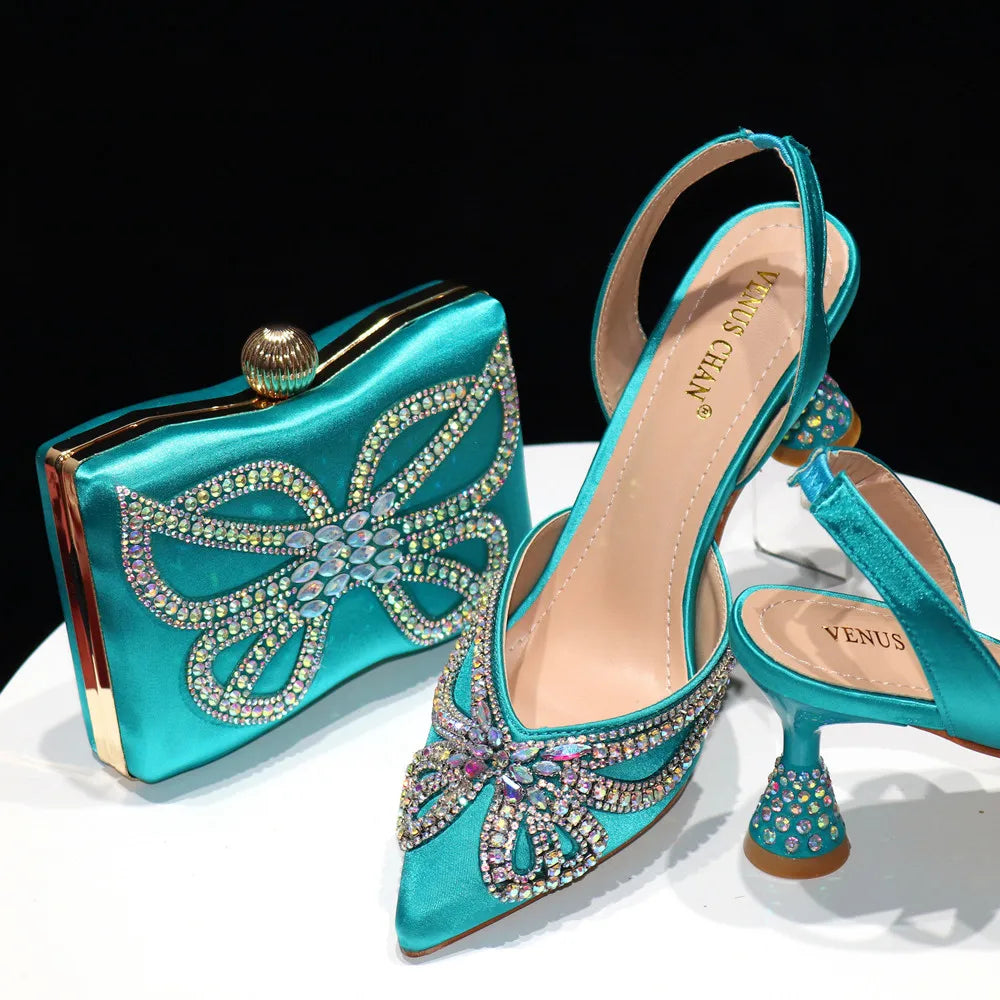 Elegant Green Bling Bow Pointed Toe Pumps for Women and Bags