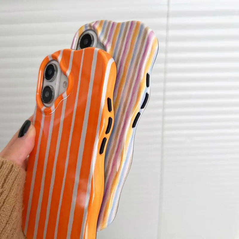Fashion 2 in 1 Glossy Stripes Phone Case For IPhone 16 15 14 13 Pro Max Comfortable Touch Wave Edges Hard Slim Back Cover Shell