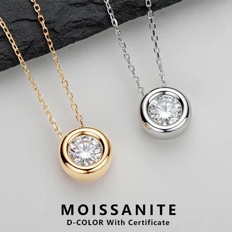 6.5mm Round Bezel Moissanite Pendant Necklace For Women 925 Sterling Silver Clavicle Chain Necklaces Jewelry Collare Mujer