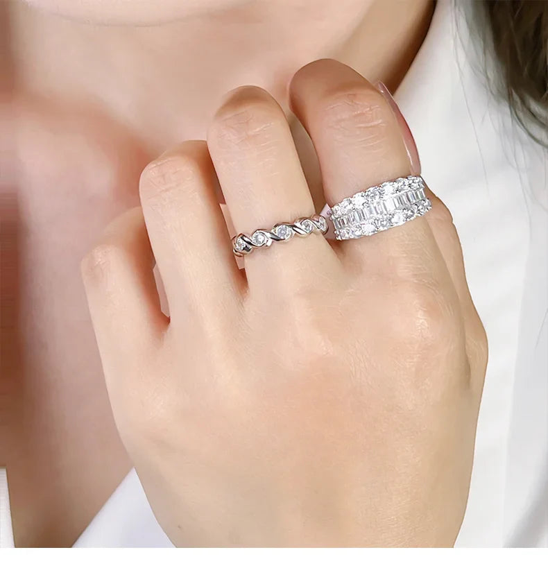 Wide T-shaped diamond ring for women, cool style 925 silver index finger ring, niche design, light luxury daily layering