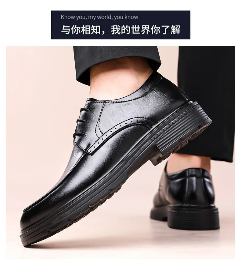 Men's Lace-up Business Casual Leather Shoes Spring Autumn New Platform Work Shoes Male Fashion Solid Color Dress Shoe Man