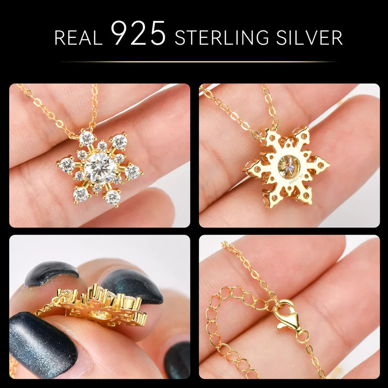 Round Cut Moissanite Snowflake Pendant Necklaces for Women Solid 925 Sterling Silver Chains Wedding Jewelry Gift Collar