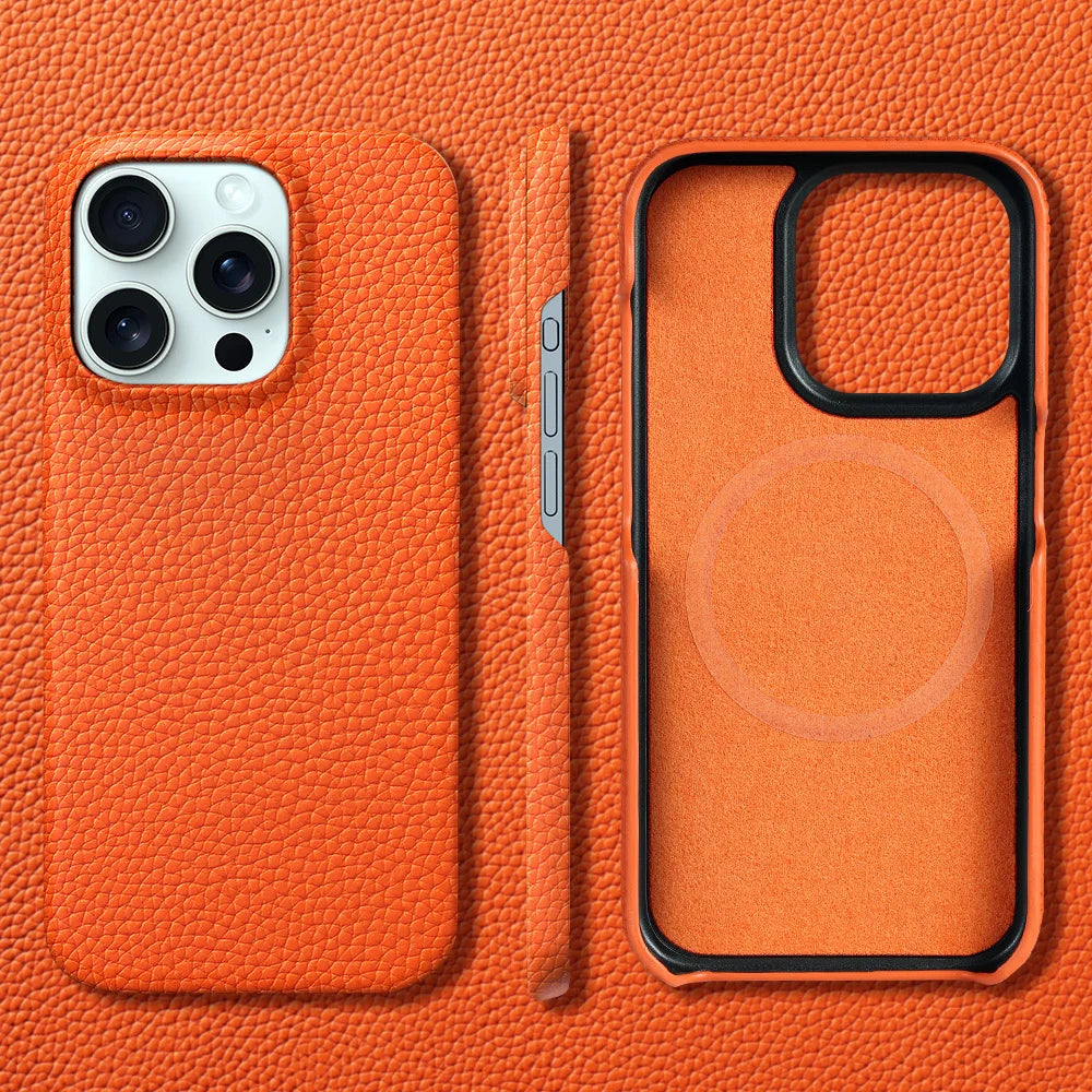 for Magsafe Case for iPhone 17 15 16 Pro Max Air 17Pro Natural Cowhide Lychee Leather Magnetic Protector Luxury Phone Back Cover