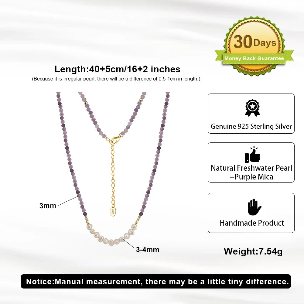Natural Stone Beaded Purple Mica&Freshwater Pearls Round Shape Necklace 925 Silver for Women Choker Wholesale MPN04