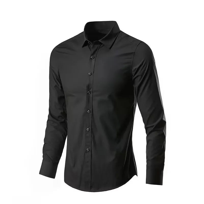 Men's Dress Shirt Elastic Spring Autumn Long Sleeve Anti-wrinkle Free ironing Business Without Pocket Soft Fashion Smooth Slim
