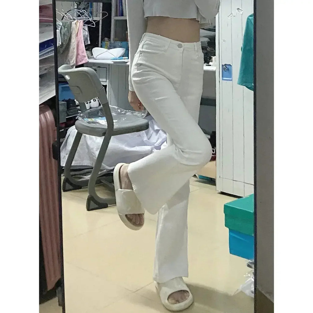 White Straight-leg Jeans Women's High-waisted Elastic Slimming Bootcut Pants Microflare Waistline Shredded Leggings Fashion