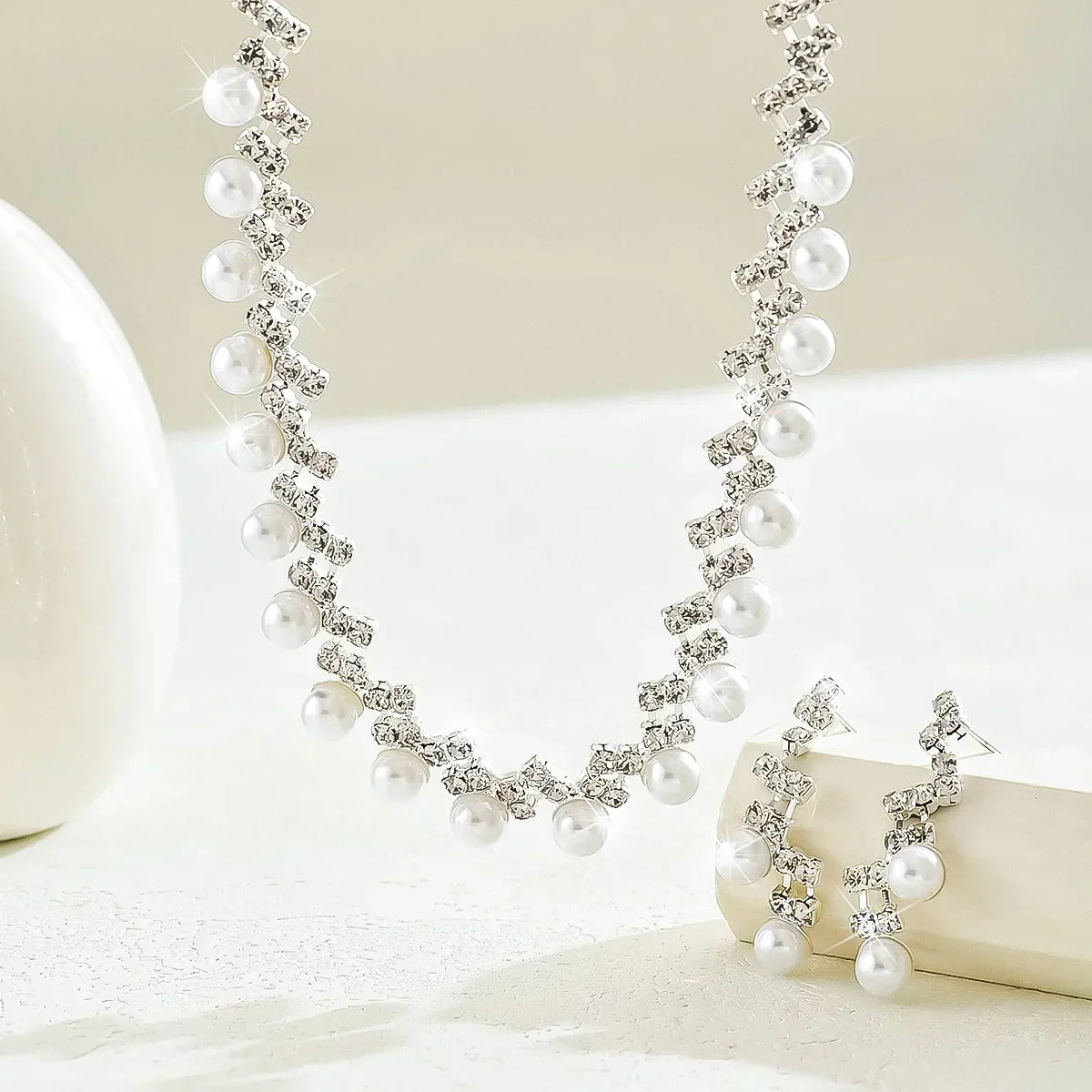 Silver Color Pearl Crystal Bridal Jewelry Sets Wave Shape Choker Necklace Earrings Sets for Women Wedding Jewelry Sets