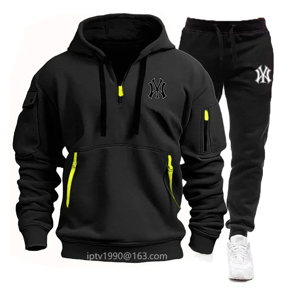 A stylish, casual and fitness two-piece set for men's autumn and winter 2025: zipper hoodie, long-sleeved pullovers and jogging