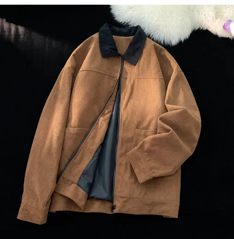 2026 Autumn Corduroy Cargo Jacket For Men Windbreakers Zipper Coats Loose Cargo Outwear Casual Jacket Mens Clothes