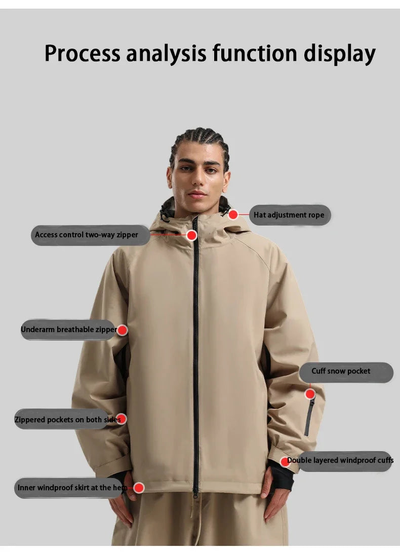 SNOW Winter Ski Jacket Men Waterproof Insulated Snow Tops Super Loose Snowboard Clothes Breathable Windproof Skiing Hoodies