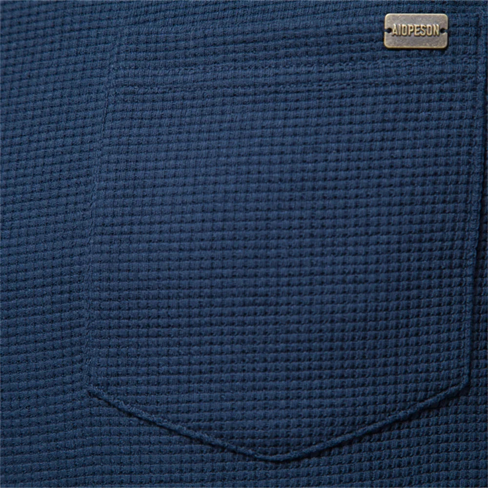 Waffle Cotton Solid Color Men Tshirts Single Pocket Long Sleeve Tee Shirts for Men New Spring Basic Breathable Tops Men