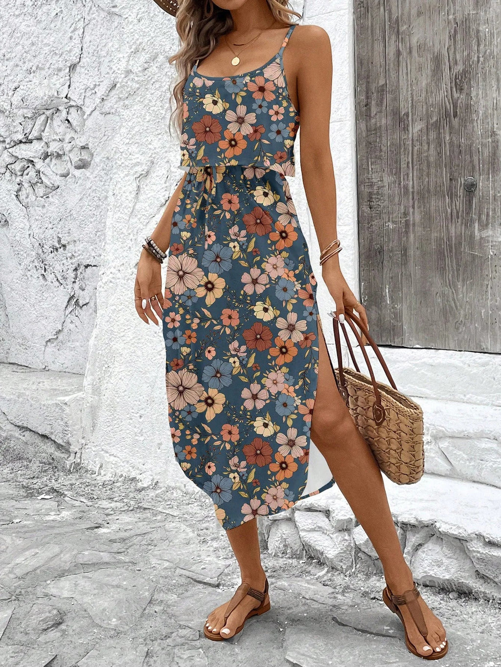 Women's Summer Spaghetti Strap Dress with Belt & Side Slit - Casual Sleeveless Flowy Dress