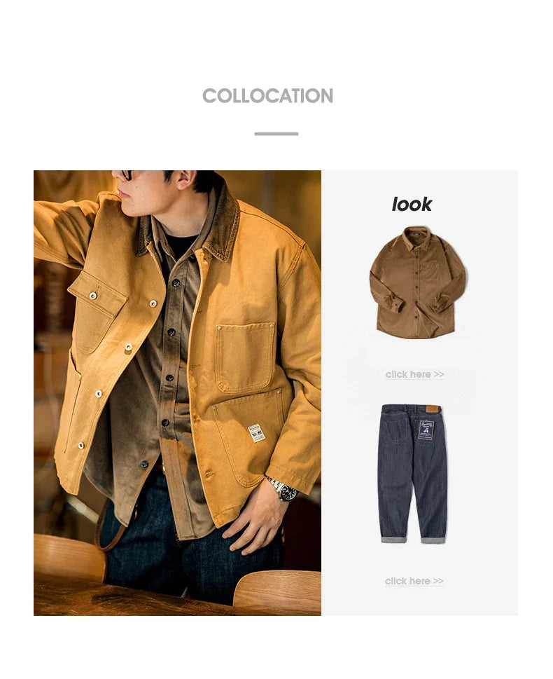 Vintage Heavyweight Michigan Chore Jackets Multi-Pocket Canvas Hunting Coat for Men's Spring Loose Lapel Collar Outwear