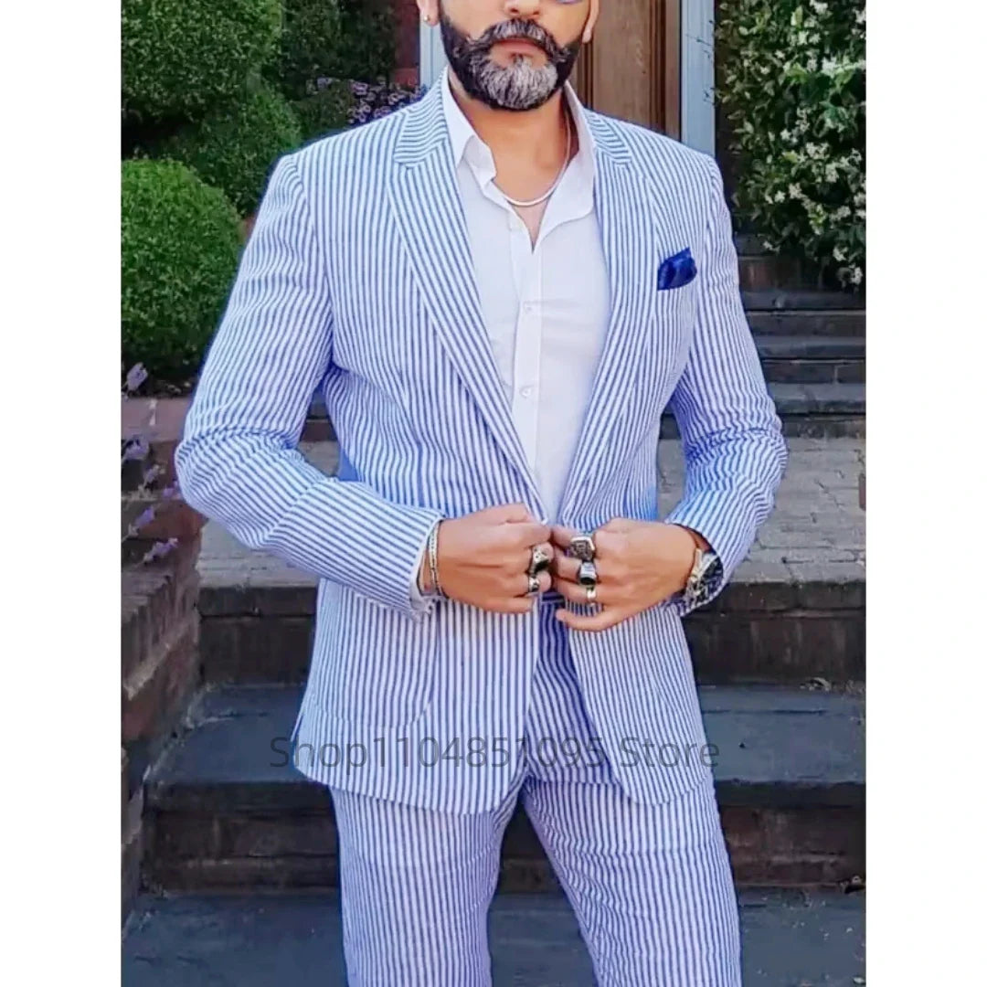 Summer Seersucker 2 Pieces Men Suits Notched Lapel Blazer Blue Striped Wedding Suit Set Jacket Pants Casual Slim Fit Men Suits