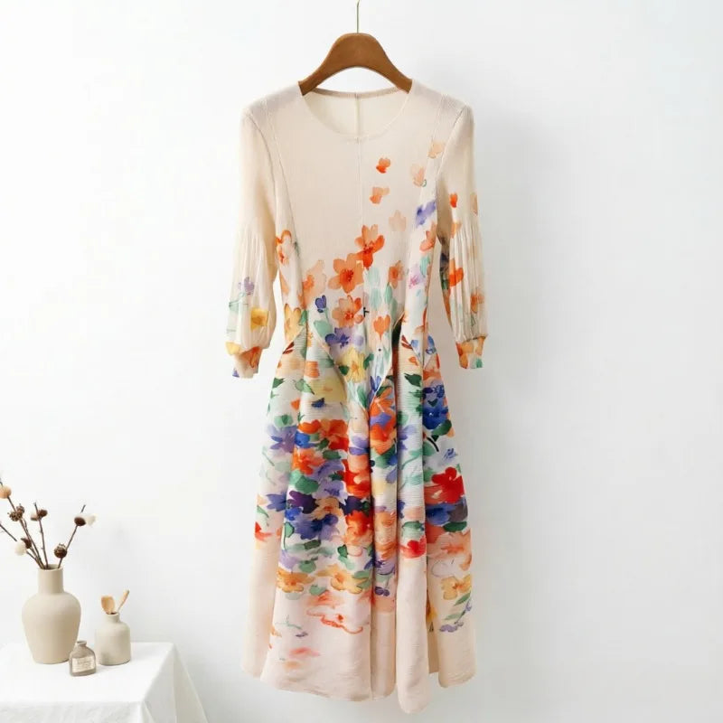 Miyake Pleated Dresses 2026 Autumn New Gentle French Print Elegant Stretch Plus Size Women's Long Sleeve Bounce Flower Bud Dress