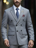 Men's Pinstripe Suit Set Classic Double Breasted Peak Lapel Slim Fit 2 Piece Blazer Pants For Business Formal Wedding