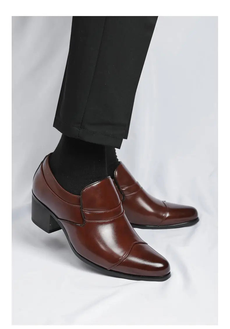 Premium Leather Men Shoes Slip On Loafers European Brand Business Casual Wedding Party Plaid Design Height Increasing