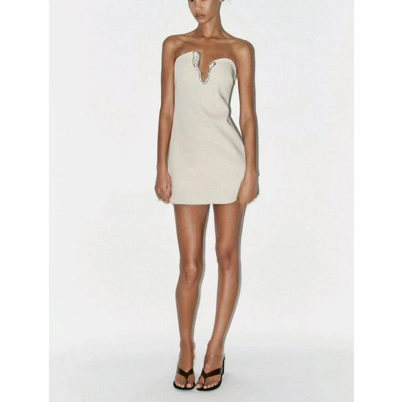 Summer New Women's Asymmetric Collar Jewelry Embellied Patchwork Lined ort Dr Ele High Waist Svel Bodycon