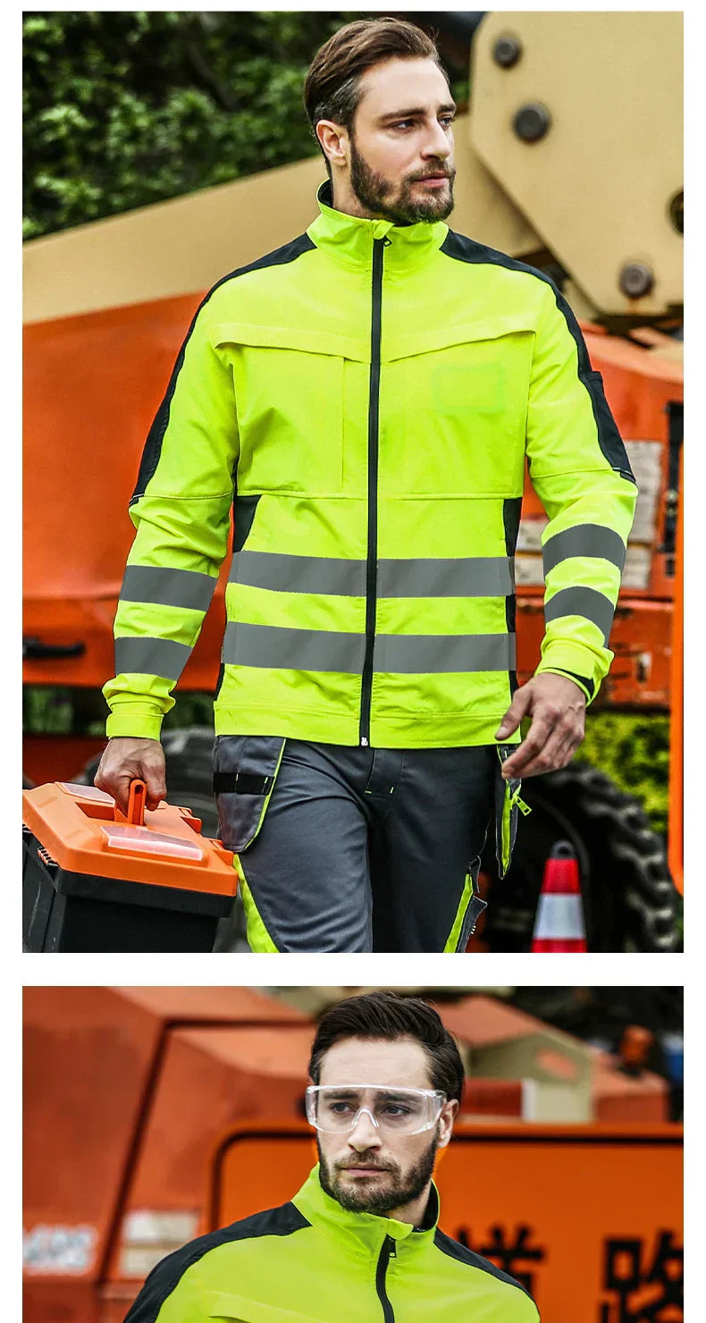 Men's Workwear Suit Work Suit Fluorescent Yellow Work Jacket and Pants Set with Multi Pockets Work Wear