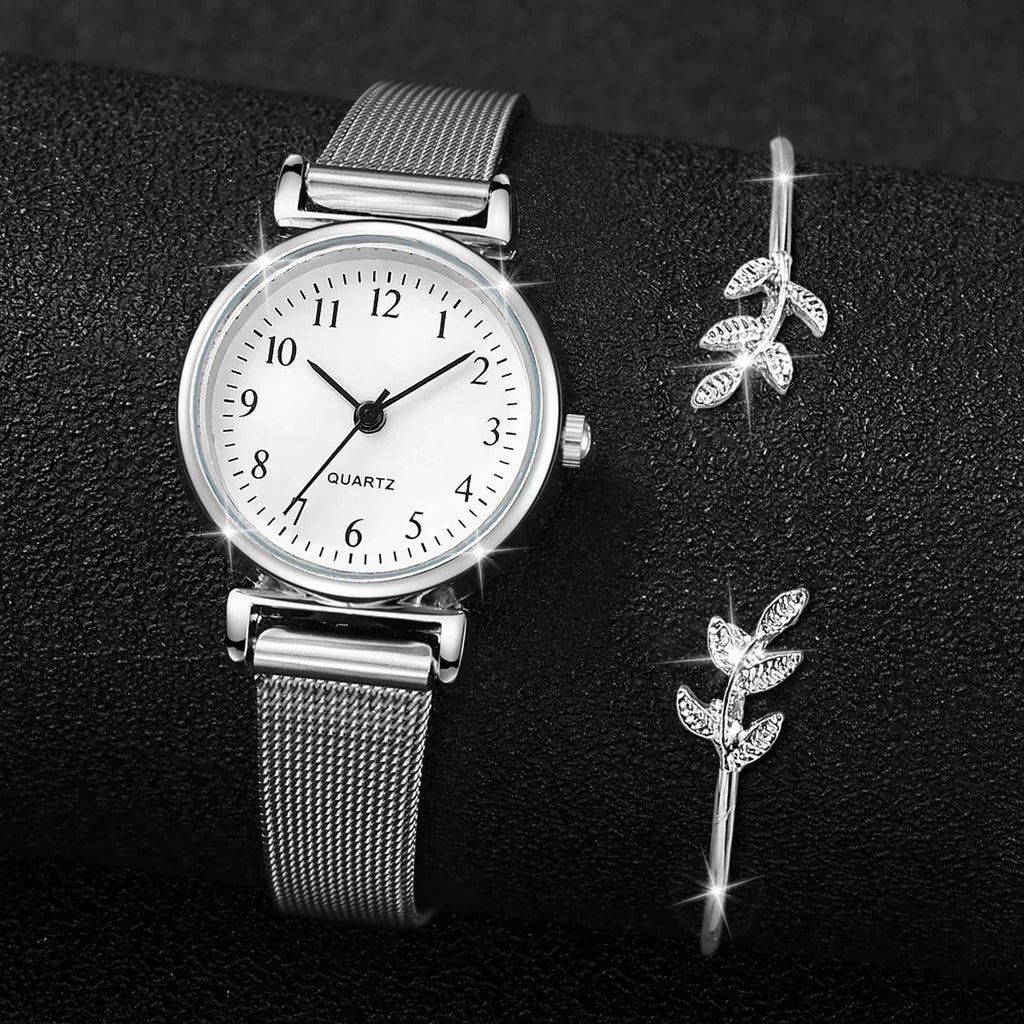 2PCS Fashion Women Quartz Watch Steel Mesh Band Watches Opening Cuff Bracelet Bangle Set（Without Box）