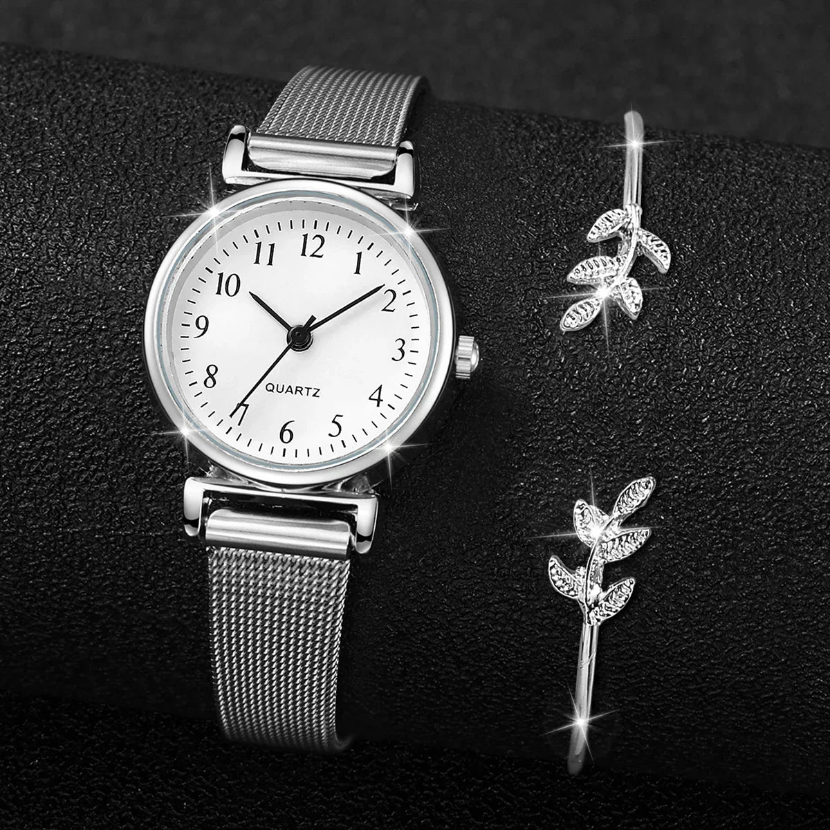 2PCS Fashion Women Quartz Watch Steel Mesh Band Watches Opening Cuff Bracelet Bangle Set（Without Box）