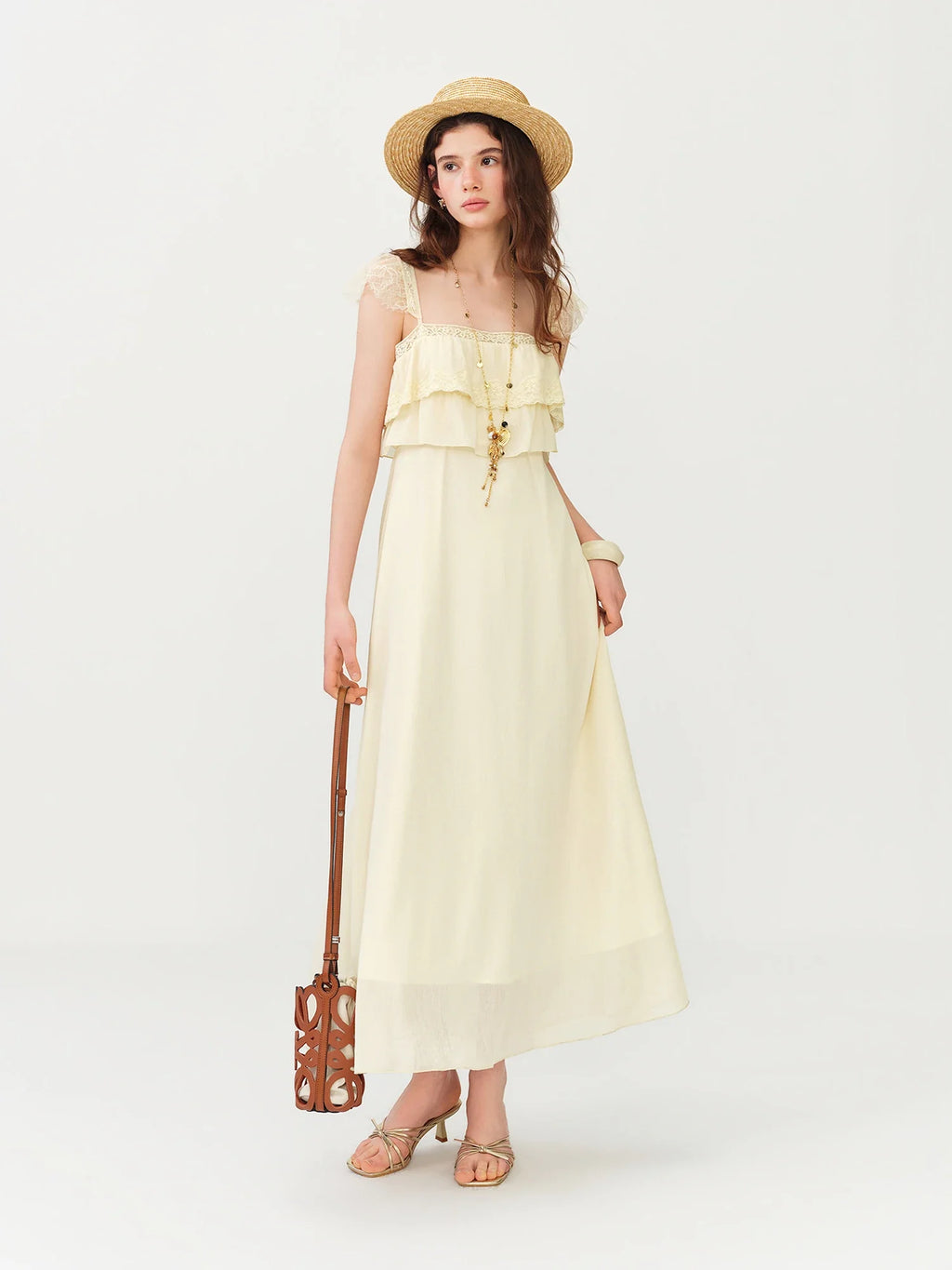 2026 Summer Women's Cap Sleeve Ruffle Hem Slip Dress, Slim Fit Flowy Maxi Dress for Y2K Coquette & Romantic Vacation Style
