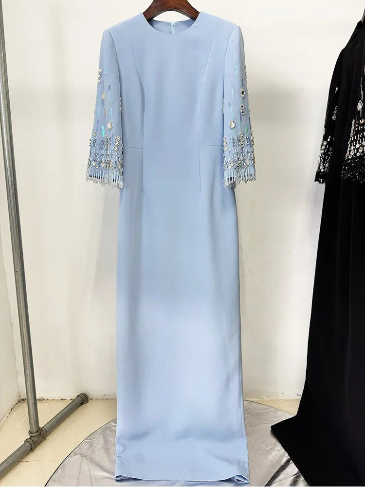 Newest Fashion 2026 S/S Designer Vestido Women's Half Sleeve Stunning Beaded  Long Maxi Dress