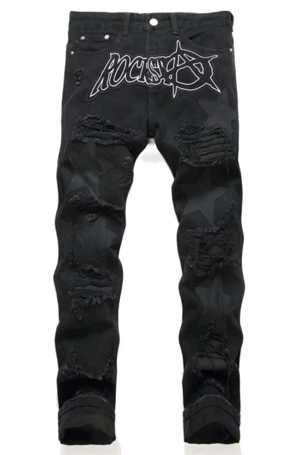 Punk Style Men's Slim Fit Straight Leg Denim Jeans Black Hole Patch Embroidery No Stretch Fashion Urban Casual Cotton Polyest...