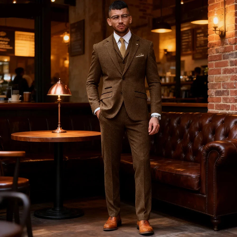 Men's Herringbone Slim Fit 3-Piece Tweed Smoking Suit Casual Formal Business Ternos Wedding Blazer Pants Vest Wool Blend